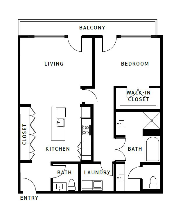 Floor plan for 1 bed, 2 baths, 1205 sqft
